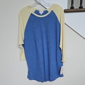 LuLaRoe Blue and Cream Raglan Blouse